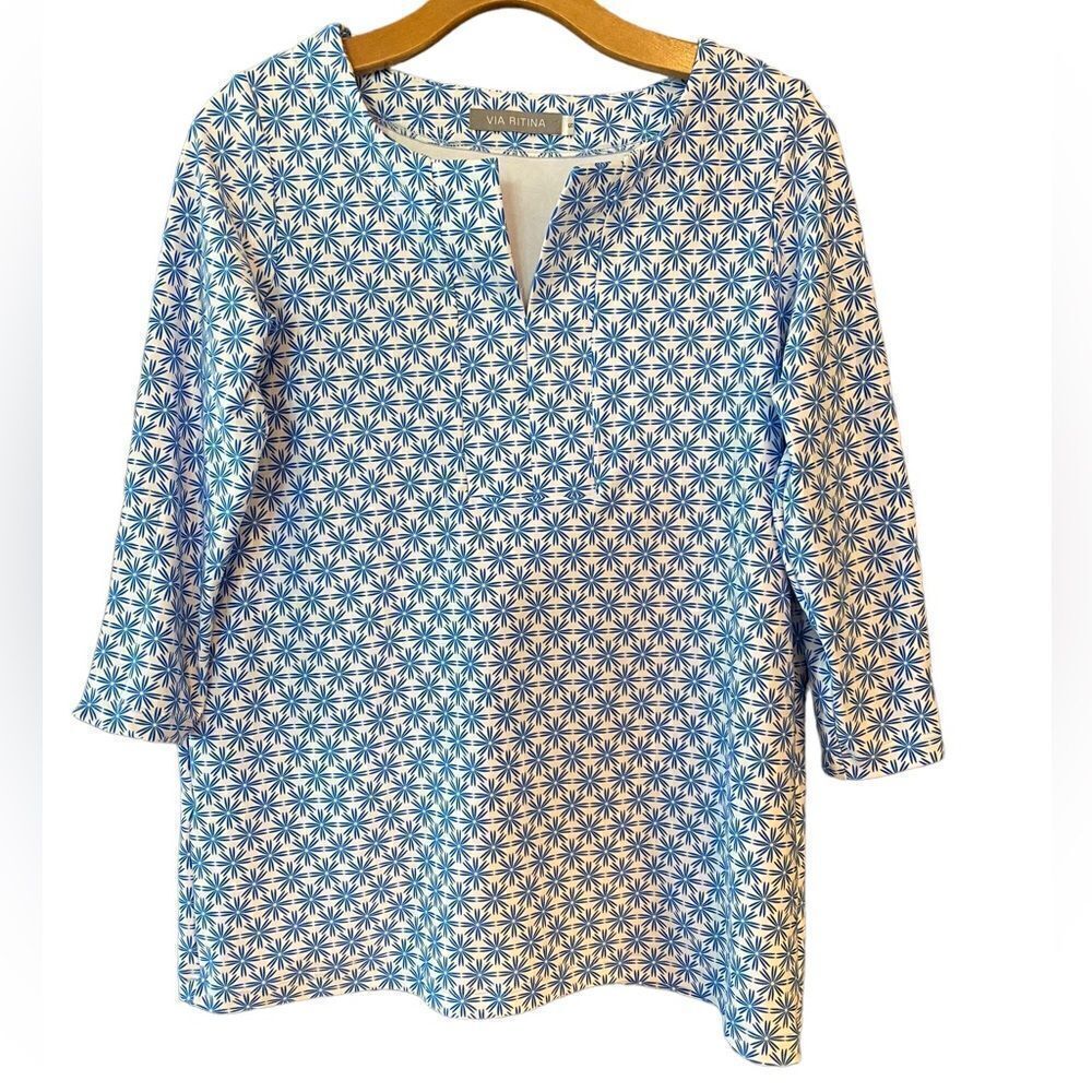 Via Ritina Sz S Blue White Boatneck Spandex Resort Beach Split 3/4 Sleeves Top